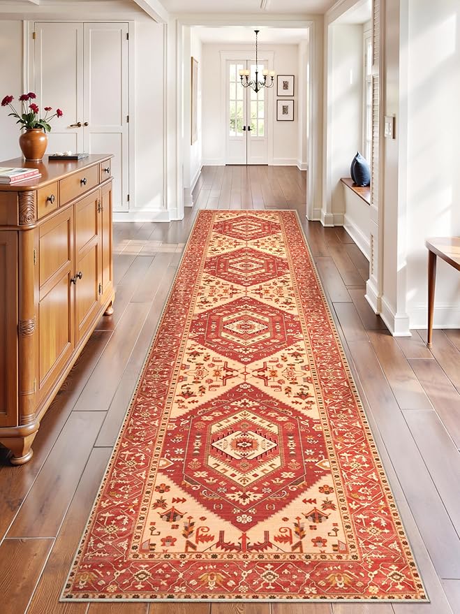 SERISSA Runner Rug for Hallways, 2'6"x12' Washable Non Slip Kitchen Runner Rug, Extra Long Boho Rug Ultra Soft Vintage Red Print Floor Carpet for Bedroom Hallway Entryway Bathroom Laundry Room