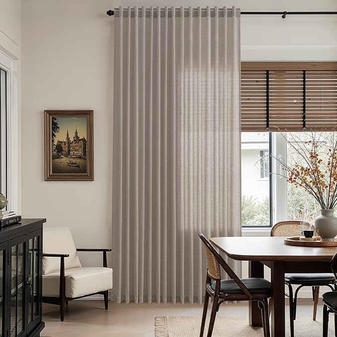 Nanspring Stone Beige Linen Curtains for Living Room 120 Inches Long Light Filtering Semi Sheer Curtain Back Tab Simple Modern Luxury Long Floor to Ceiling High Window for Bedroom 52x120, 2 Panels