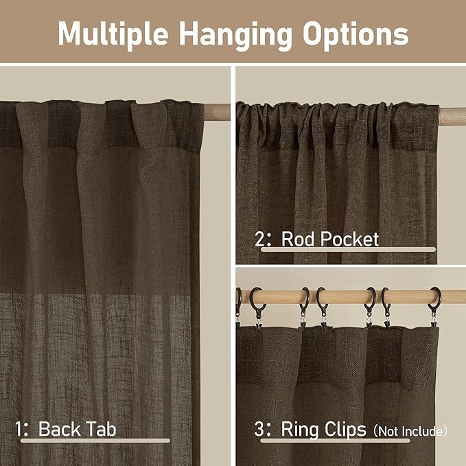 LAMIT Linen Curtains 68 Inch Length 2 Panels, Light Filtering Panels Back Tab and Rod Pocket Neutral Drapes for Bedroom/Window/Living Room, Dark Brown, 52 x 68 Inch