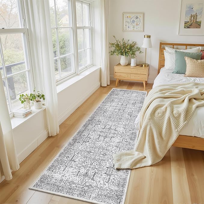 2x6 Hallway Washable Runner Rug - Soft Non Slip Vintage Rugs for Entryway Low-Pile Farmhouse Neutral Kitchen Runners Living Room Floor Mat Stain Resistant Distressed Carpet for Bedroom Bathroom Grey