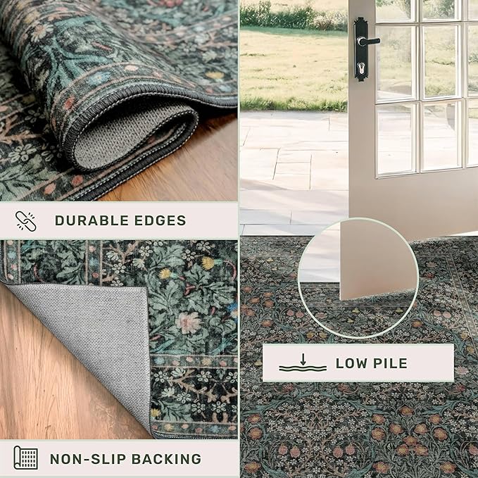 Hazo Haus Washable Dark Green 2x10 Runner Rug for Hallway, Kitchen, 10 ft Non Slip Stain Resistant Extra Long Soft Rugs, Vintage Floral Unique Botanical Floor Mat
