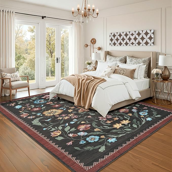 GarveeHome Washable Rug 5x7 Area Rugs for Living Room, Floral Rug for Bedroom, Soft Boho Non Slip Throw Rugs with Rubber Back, Low Pile Stain Resistant Vintage Floral Carpet for Dining Room, Red