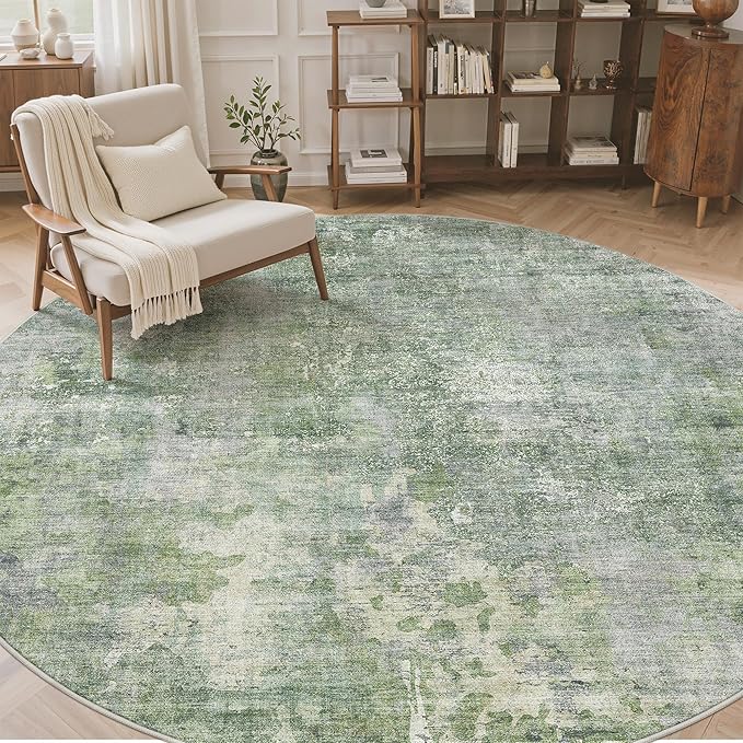 8x8 Green/Ivory Round Rug 8ft Living Room Circle Rug Vintage Round Area Rug Non Slip Indoor Carpet for Apartment
