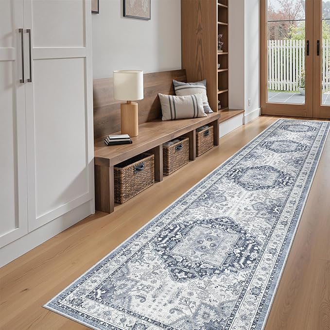 Madane Hallway Washable Runner Rug - 2x10 Kitchen Rugs Entryway Rug Runner Vintage Soft Floor Mat Non Slip Indoor Farmhouse Carpet for Bathroom Living Room Bedroom (2 X 10, Navy/White)