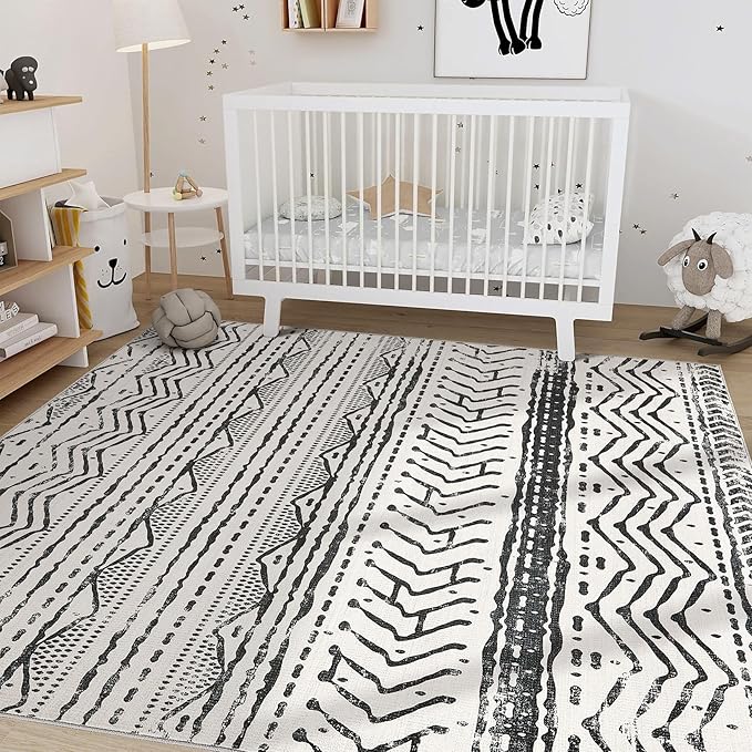 Nakagishi Black Rug Living Room Rugs: 9x12 Machine Washable Boho Large Neutral Modern Soft Moroccan Stain Resistant Indoor Floor Non Slip Accent Carpet for Bedroom Nursery Kids Playroom Office