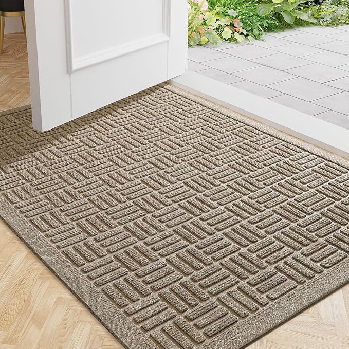 Mibao Front Door Mat Indoor Outdoor Entrance, Dirt Trapping Waterproof All-Season, All-Weather Doormat, Non-Slip Durable Natural Rubber Low Profile Easy Clean Patio Entrance Mat, 61.5" x 36", Beige