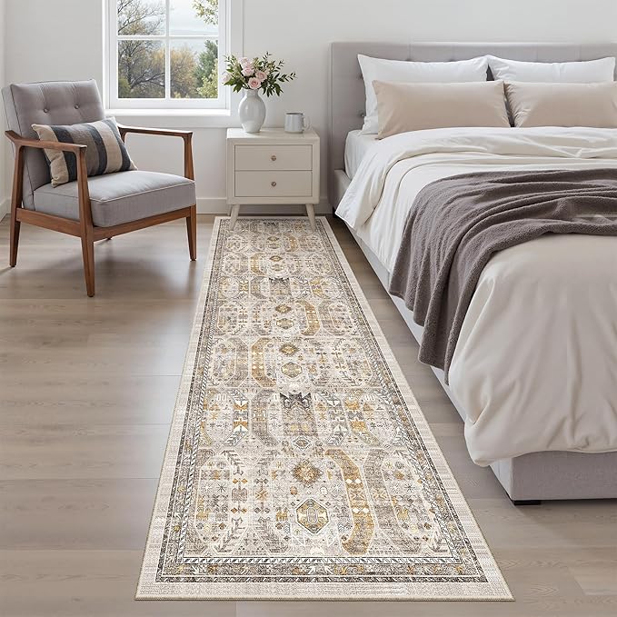 Madane Kitchen Runner Rug - 2x7 Runner Rugs with Rubber Backing Non Slip Vintage Washable Rug Runner Ultra-Thin Throw Carpet Runners for Hallways Bedroom Laundry Room(2'x7', Brown/Gold)
