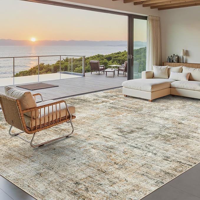 9x12 Area Rugs for Living Room, Non-Slip Machine Washable Vintage Rugs, Abstract Low Pile Lightweight Large Rug for Bedroom, Dining Room, Home Office Orange