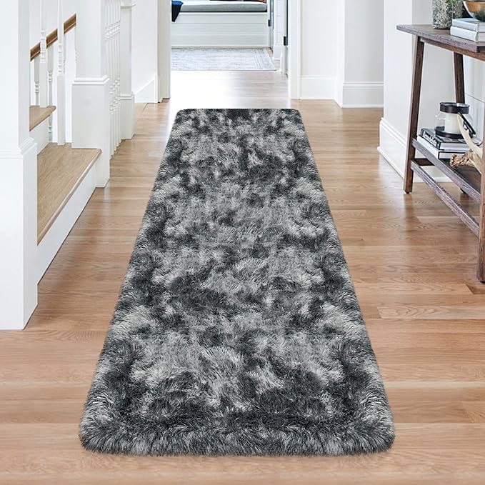 Tie-Dyed Dark Grey 2x6 Machine Washable Runner Rugs for Hallway Soft Fluffy Shaggy Bedside Rugs for Bedroom Living Room Indoor Floor Carpet for Kids Girls and Boys Nursery Rooms Home Decor Aesthetic