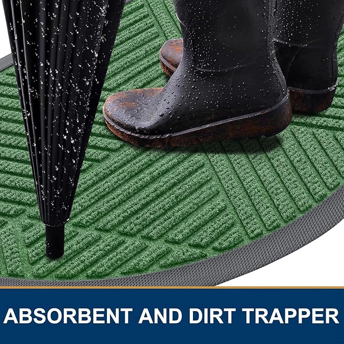 Smiry Half Circle Front Door Mat Outside Entrance, Heavy Duty Sturdy Natural Rubber Doormat, Trap Dirt and Moisture, Low Profile Mats for Indoor Outdoor Entry, Irregular Triangle (35x23, Green)