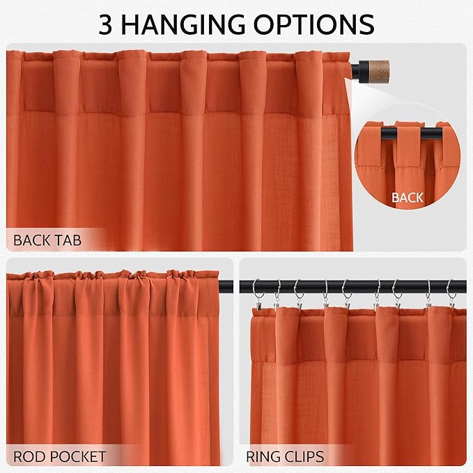 Bright Orange Linen Curtains 90 Inch Long 2 Panels Set for Bedroom Living Room, Soft Linen Textured Window Drapes Semi Sheer Light Filtering Rod Pocket Back Tab Morden Style 52x90