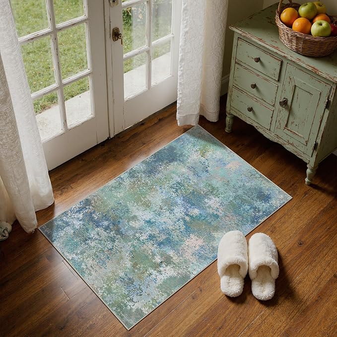 2x3 Rugs for Entryway Entrance Kitchen Bathroom, Machine Washable Rug Modern Abstract Soft Area Rug, Low Pile Indoor Floor Carpet with Non Slip Backing, Blue Green