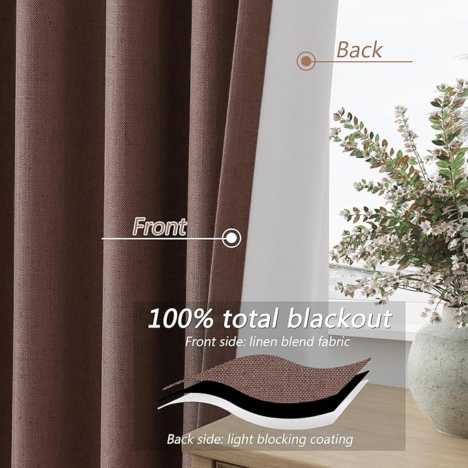 Guken Cappuccino 100% Blackout Linen Curtains 84 Inch Length 2 Panels Set for Living Room Bedroom Back Tab/Rod Pocket Thermal Insulated Farmhouse Black Out Drapes Room Darkening,52x84
