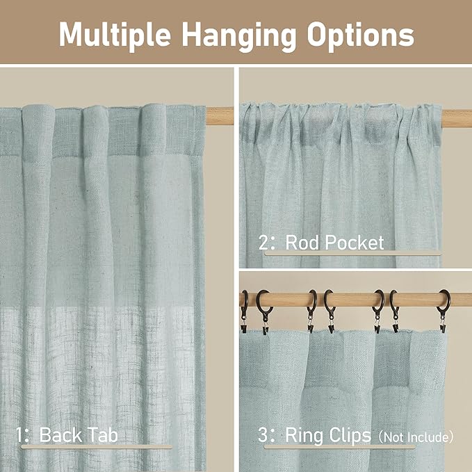 LAMIT Greyish Blue Linen Curtains 63 Inches Long, Semi Sheer Light Filtering Panels Back Tab and Rod Pocket Small Cafe Drapes for Basement/Window/Loft Room, 2 Panels, 34 x 63 Inch