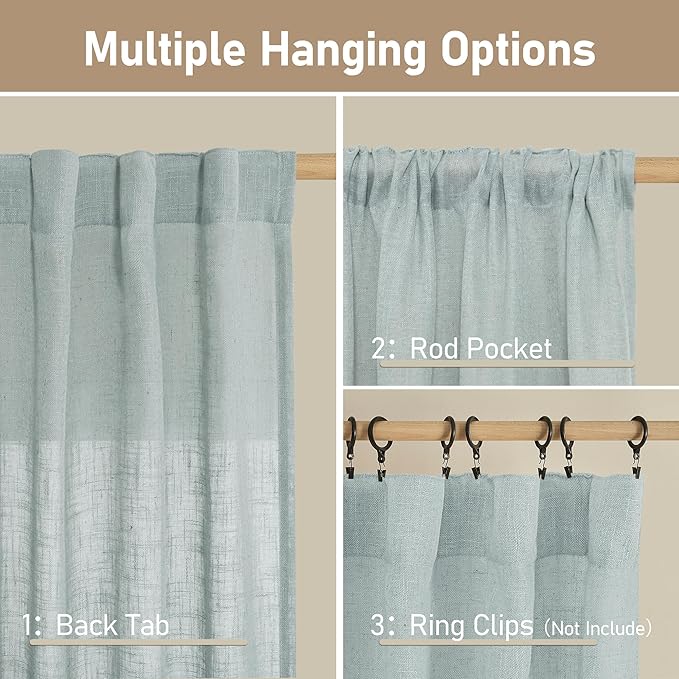 LAMIT Extra Wide Linen Curtains for Bedroom, Light Filtering Faux Linen Textured Panels Semi Sheer Back Tab and Rod Pocket Boho Drapes for Living Room/Farmhouse, 2 Panels, Greyish Blue, 60 x 84 Inch