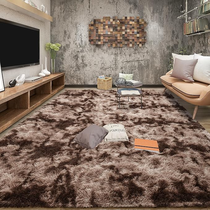 Tepook Soft Fluffy Rugs for Living Room, 5x8 Shaggy Area Rug for Bedroom, Modern Shag Rug Fuzzy Carpets for Kids, Plush Indoor Nursery Home Decor Rug with Non-Slip Bottom, Tie-Dyed Coffee