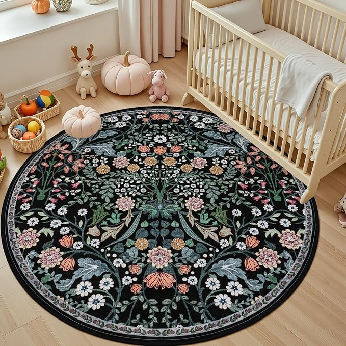 Round Area Rug for Living Room: 4 ft Floral Washable Circle Rug Soft Boho Non-Slip Carpet Indoor Stain Resistant Low Pile Small Circular Rug for Bedroom Entryway Kitchen Nursery Home Office Dark Black