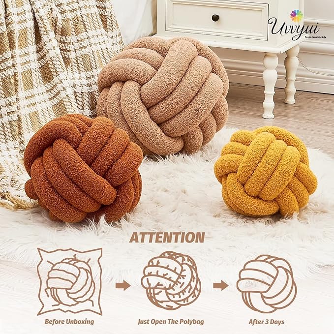 Uvvyui Knot Pillow Ball, Soft Home Decorative Pillows, Round Throw Pillow, Handmade Knotted Plush Pillow, Round Boucle Pillow Cushion (8.6 Inches Khaki)