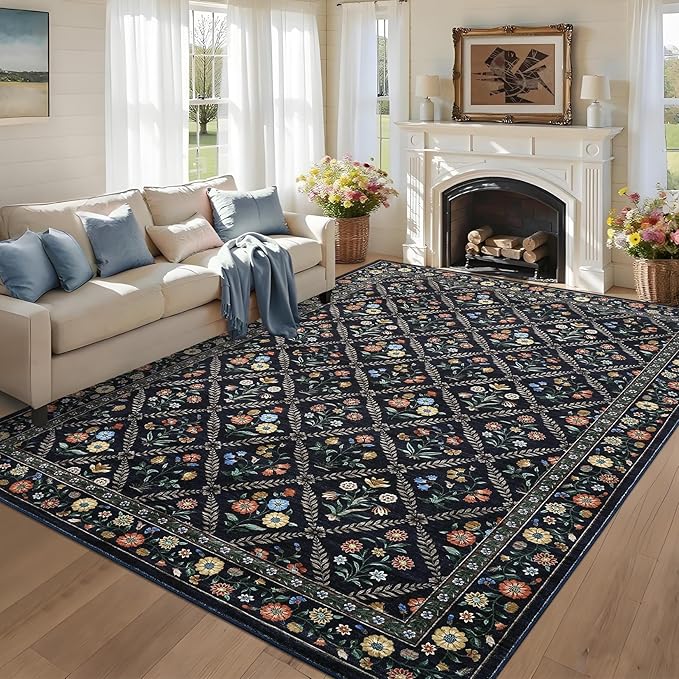 GarveeHome 8x10 Washable Large Living Room Rug Water Resistant Distressed Vintage Floral Rug Non Slip Low Pile Soft for Bedroom Farmhouse Dining Room Kids Playroom Nursery Navy&Black