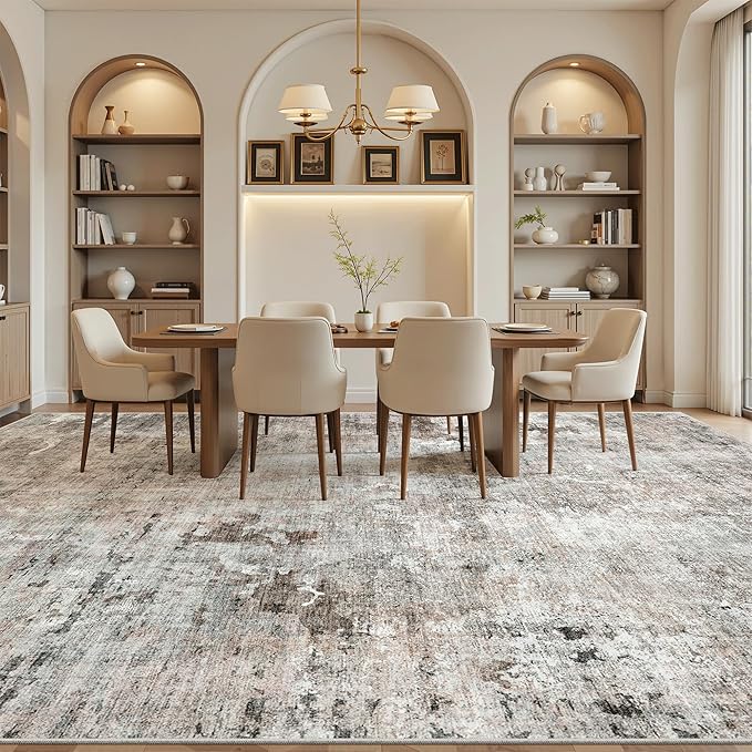 10x14 Area Rugs for Living Room, Non Slip Machine Washable Vintage Rugs, Low Pile Lightweight Large Rug for Bedroom, Dining Room, Home Office Pink/Grey