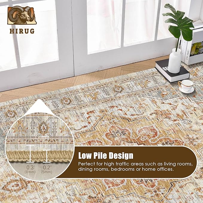 Washable Area Rug 6' x 9' Vintage Traditional Persian Mat - Foldable Distressed Non-Slip Machine Washable Carpet for Living Room Bedroom Kitchen Home Decor - Dove Gray and Coral