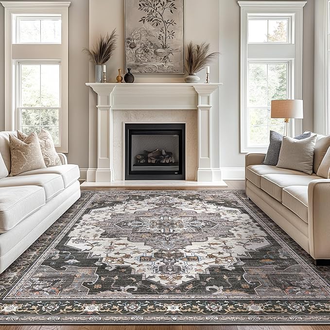 BEIMO Area Rugs 8x10 for Living Room Bedroom, Modern Vintage Machine Washable Large Dark Grey Rug Soft Rug, Low Pile Floor Carpet with Non Slip Backing for Dining Room