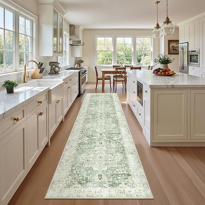 Madane Runner Rugs for Hallway 2x10 Long Washable Non-Slip Hallway Runner Rug Low-Pile Stair Kitchen Runner Soft Throw Carpet for Entrance Living Dining Laundry Room (Green/Ivory, 2 x 10)