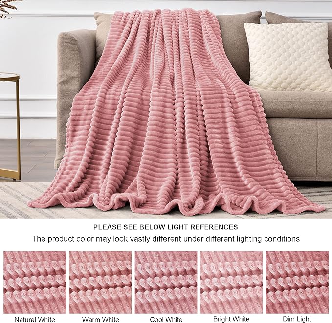 BEDELITE Fleece Throw Blanket for Couch – 3D Ribbed Jacquard Soft and Warm Decorative Fuzzy Blanket – Cozy, Fluffy, Plush Lightweight Dusty Pink Throw Blankets for Bed, Sofa, 84x90 inches