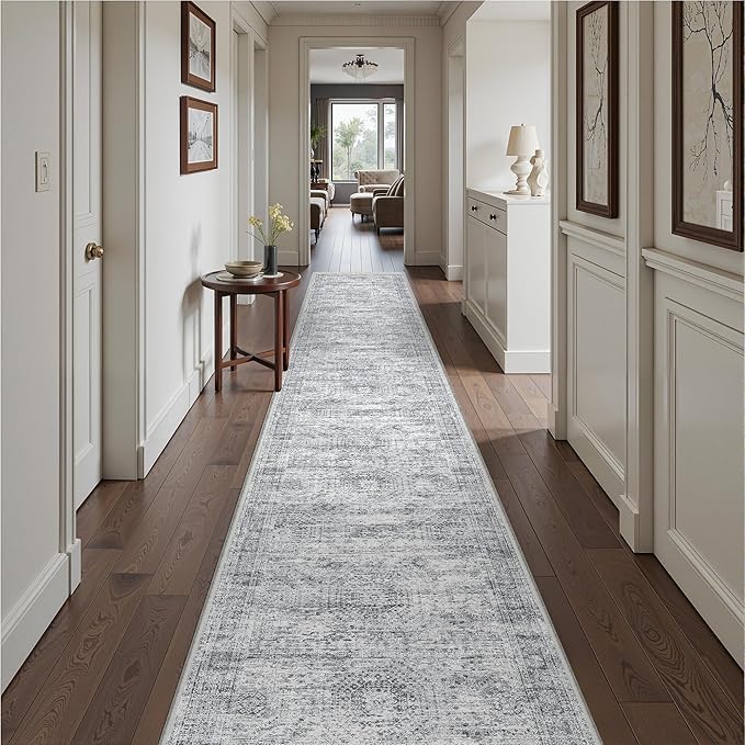 Washable Runner Rug 2.5x16, Non-Slip Long Hallway Runner for Entryway, Soft Vintage Kitchen Mats for Floor, Abstract Dining Room, Bedroom, Living Room Rugs(2.5'x16', Grey/Ivory)
