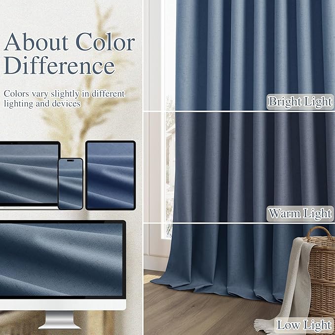 Denim Blue 100% Blackout Linen Curtains 120 Inch Length 2 Panels Set for Living Room Bedroom Back Tab Thermal Insulated Black Out Drapes Room Darkening Farmhouse Style for Bedroom Window Curtains
