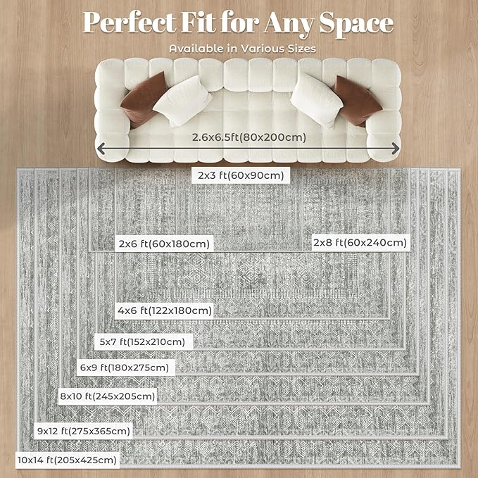 6x9 Area Rugs for Living Room: Washable Moroccan Geometric Boho Rug Farmhouse Non Slip Stain Resistant Large Rug Low Pile Soft Carpet for Bedroom Dining Room Home Office Children Room (Grey,6'x9')
