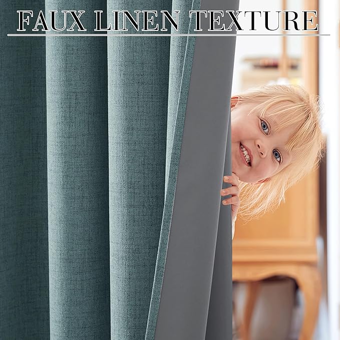 RYB HOME 100% Blackout Linen Textured Curtains 96 inches Long, Thermal Insulating Privacy Energy Saving for Bedroom Living Room Window Office Theater Baby Nursery, W 52 x L 96 in, Misty Blue, 2 Pcs
