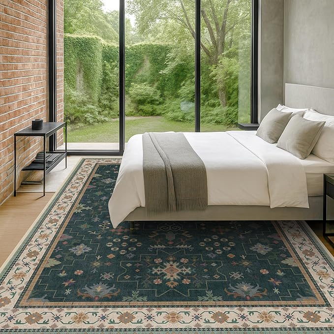 Hazo Haus Dark Green Vintage Living Room Rug 9x12 - Boho Unique Floral Victorian Decor, Washable Low Pile Non-Slip Extra Large Area Rugs for Dining Under Table Bedroom
