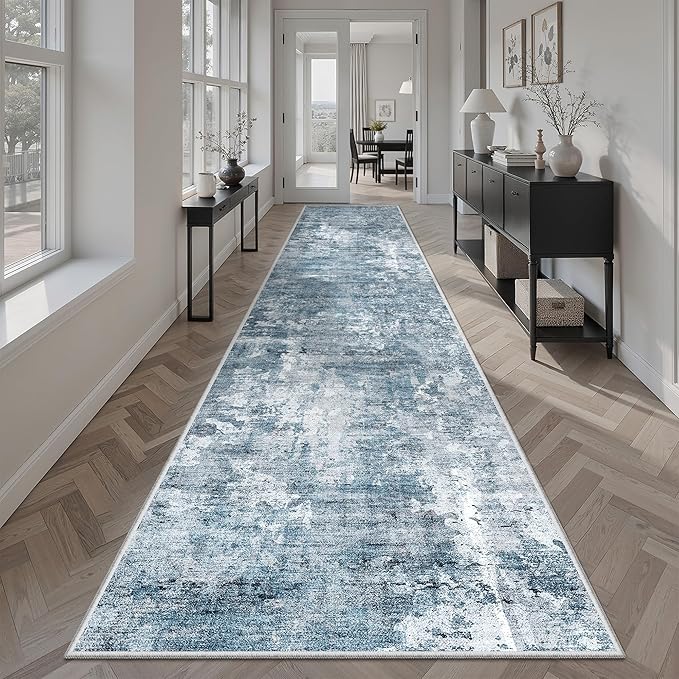 Runner Rug 2'6" x 12' Washable Non-Slip 2.5x12 ft Long Runner Rugs for Kitchen Bathroom Laundry Room Vintage Ultra Thin Runners for Hallway Entryway Blue/Grey