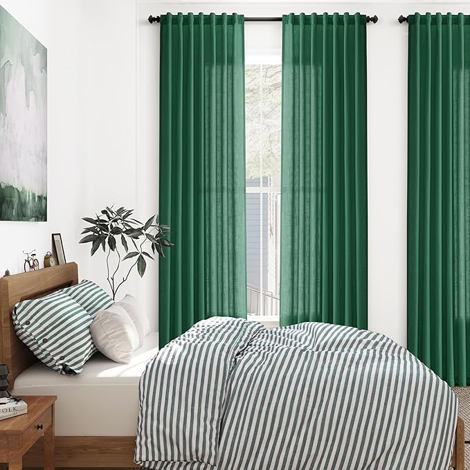 Dark Green Linen Curtains 108 Inches Long for Living Room 2 Panels Set Extra Long Back Tab Curtain Sheer Light Filtering Emerald Green Drapes Floor to Ceiling Curtains for Large Windows 52x108