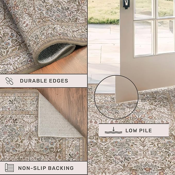 2x8 Moss Green Washable Bathroom Runner Rug - Non Slip Floral Rugs for Entryway Indoor, Kitchen - Vintage Floral Design Orenital Home Décor, Stain Resistant Carpet