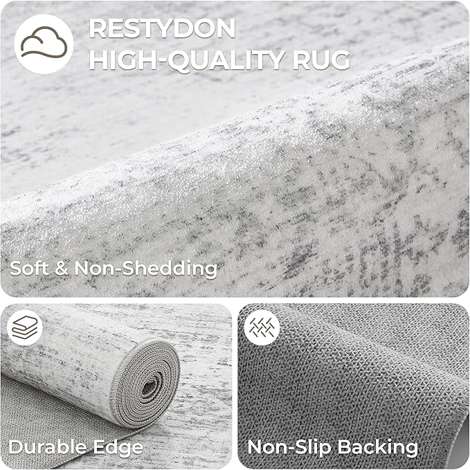 2x10 Runner Rug, Long Hallway Rugs for Dining Room, Living Room, Bedroom, Machine Washable Kitchen Carpet Runner with Rubber Backing, Soft Low Pile Indoor Rug(2'x10', Light Grey/White)