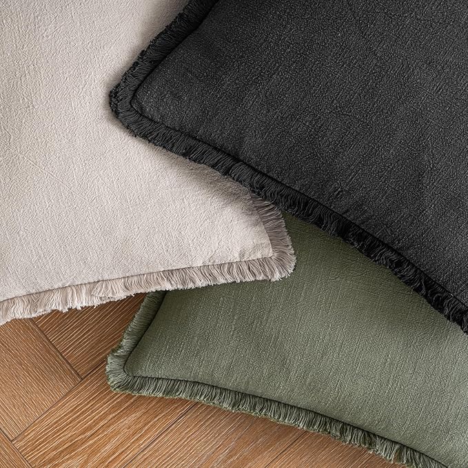 MIULEE Decorative Throw Pillow Covers Neutral Linen Fringe Throw Pillows Set of 2 Black Boho Farmhouse Cushion Covers with Tassels for Couch Sofa Bed Living Room Spring Home Decor 20x20 Inch