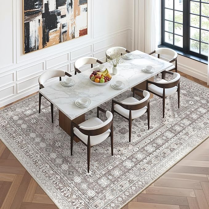 zesthome 9x12 Area Rugs,Stain Resistant Washable Rug,Ultra-Thin Rugs for Living Room,Bedroom,Non-Slip Backing Home Decor Large Area Rug (Brown/Beige,9'x12')