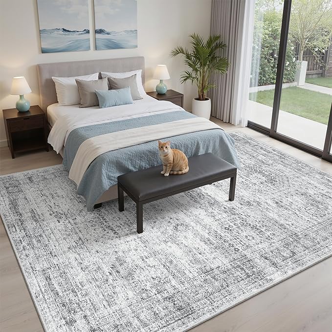 5x7 Area Rugs Gray Low Pile Indoor Washable Trendy Faded Style Rugs for Bedroom Living Room Dining Room Foldable Non-Slip Thin Grey Print Mat