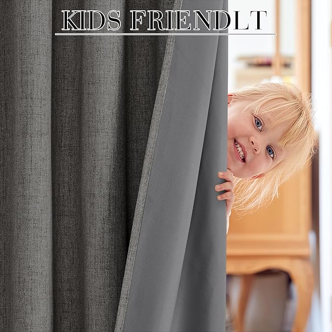 RYB HOME Grey Linen 100% Blackout Curtains for Bedroom 120 inch Long 52 inch Width, Extra Long Drapes Thermal Insulated&Privacy Assurd for Sliding Glass Doors/Dining, Back Tab&Rod Pocket, 2 Panels