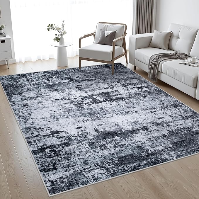 4x6 Area Rug Living Room Rug: Washable Modern Abstract Soft Thin Rug Indoor Floor No Slip Stain Resistant Carpet for Bedroom Dining Room Farmhouse Nursery Home Office - Black