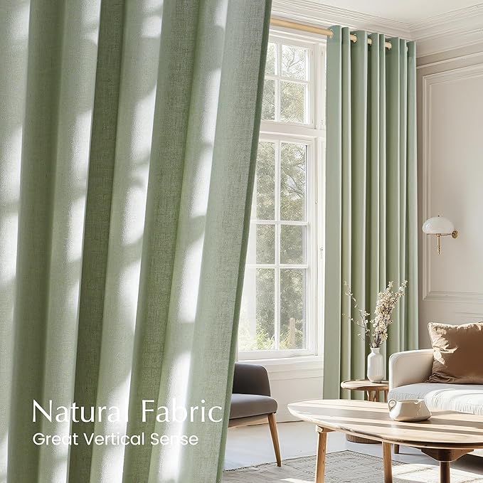 NICETOWN Thick Linen Greyish Green Curtains for Living Room, Grommet Privacy Assured Linen Blend Window Treatments with Light Filtering for Bedroom, W55 x L96, 2 Panels