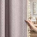 Purple Boho Blackout Curtains 2 Panels 84 Inch for Living Room Bedroom, Purple Linen Texture Farmhouse Curtains with Tassels and White Cotton Embroidery Vintage Rustic Country Western
