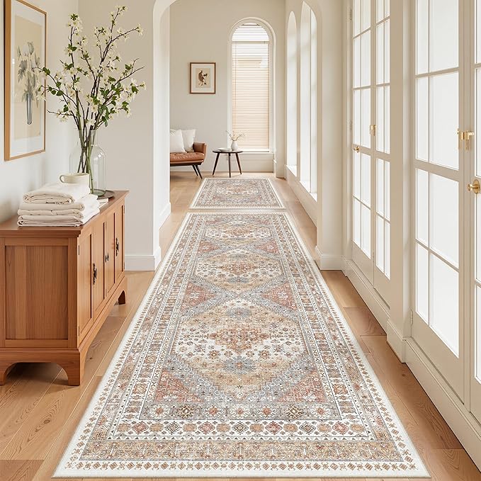 4x12 Runner Rug for Hallway, Low-Pile Wide Runner for Entryway, Long Washable Non-Slip Kitchen Rug, Soft Vintage Home Decor Mat for Living, Laundry Room(Orange,4'x12')