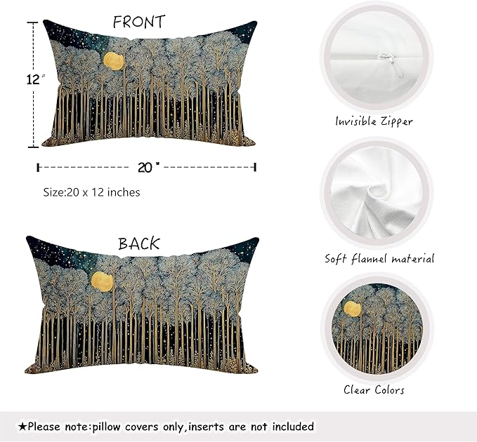 Rustic William Morris Inspired Forest Green Moon Pillow Covers 12x20 Double-Sided,Vintage Night Moon Botanical Nature Landscape Decorative Throw Pillow Covers for Home Bedroom Living Room