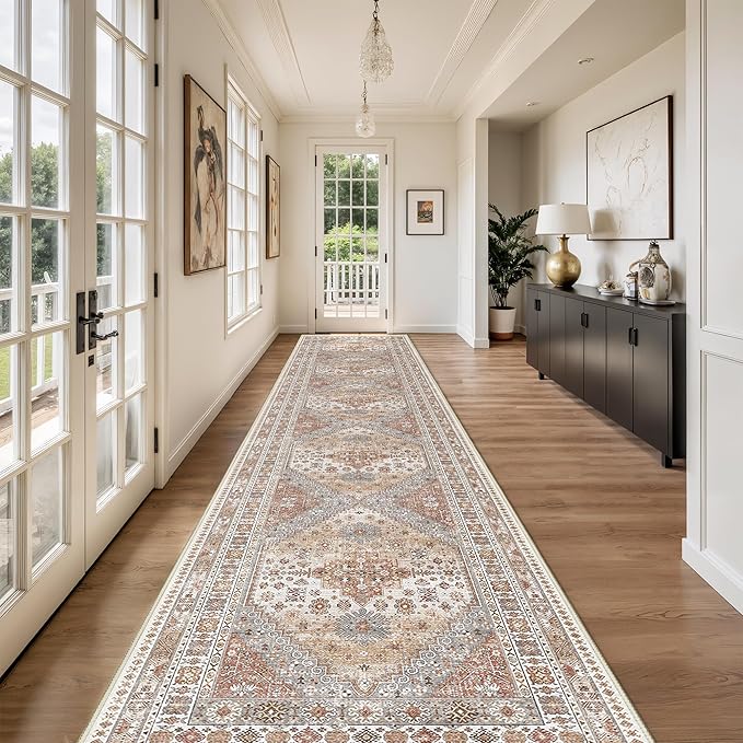 Washable Runner Rug 2.5x16, Non-Slip Long Kitchen Mats for Floor, Vintage Rug for Entryway, Soft Hallway Runner for Dining Room, Bedroom, Living Room(Orange,2.5'x16')