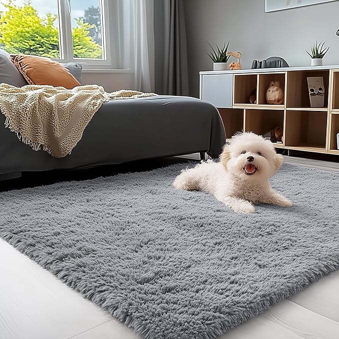 OLANLY 3x4 Machine Washable Accent Rug, Soft Fluffy Shaggy Area Rug for Bedroom, Living Room, Indoor Floor Carpet for Kids, Nursery, Home Decor, Light Grey