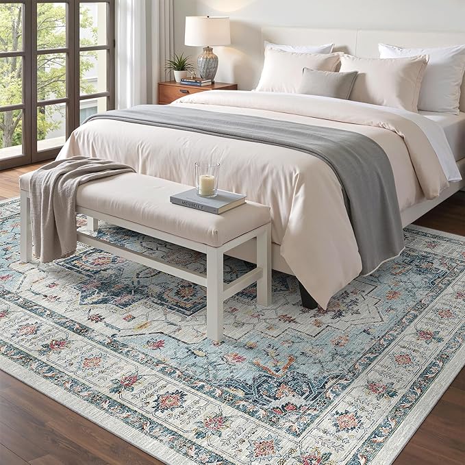 Madane 5x7 Area Rugs for Living Room, Stain Resistant Washable Rug, Non-Slip Backing Area Rug, Vintage Home Decor Rug for Bedroom (Blue, 5'x7')