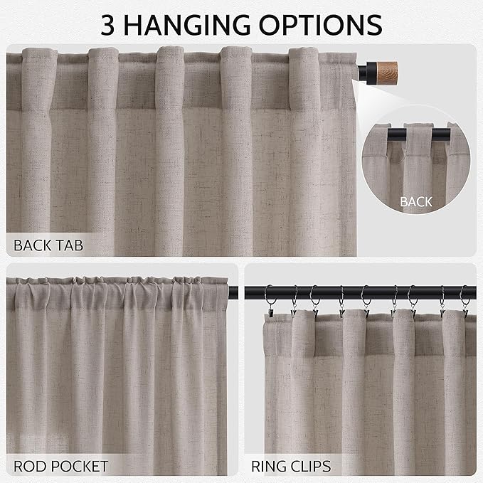 Nanspring Stone Beige Linen Curtains for Living Room 120 Inches Long Light Filtering Semi Sheer Curtain Back Tab Simple Modern Luxury Long Floor to Ceiling High Window for Bedroom 52x120, 2 Panels